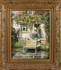 Jacob Rossum, Boerenhuis met wasvrouw, Olieverf op paneel