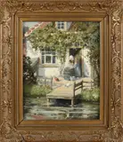 Jacob Rossum, Boerenhuis met wasvrouw, Olieverf op paneel