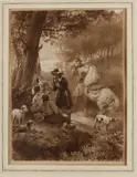 Reinier Craeyvanger, Vernissage in het bos met figuren, Sepia op papier
