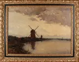 Gerardus Johannes Delfgaauw, Poldergezicht met windmolens, Olieverf op linnen
