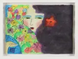Wallasse Ting?, Vrouwengezicht met bloemen, Aquarel op papier