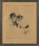 Meta Plückebaum, Twee kittens met kikker, Ets op papier