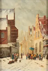 W. Aberson, Romantisch winters stadsgezicht, 1948, Olieverf op linnen