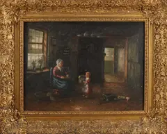 C. Valkman, Boeren interieur, Olieverf op paneel