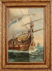 Monogram H.M., 17e Eeuws militair schip, Olieverf op linnen