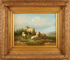 W. Smits, Landschap met schapen, Olieverf op paneel