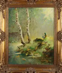 Monogram onduid., Eendenfamilie aan waterkant, Olieverf op linnen