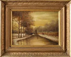 A.J. Reuvers, Winterlandschap met wandelaars, Olieverf op paneel