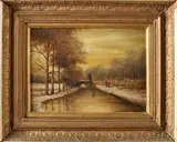 A.J. Reuvers, Winterlandschap met wandelaars, Olieverf op paneel