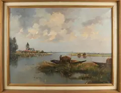 Poldergezicht met rietsnijder by J.H. Kaemmerer, Olieverf op linnen, sold Oct 2018
