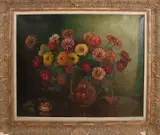 Koperen vaas met bloemen by Onduid. gesig., Olieverf op linnen, sold Oct 2018