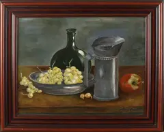 J. van Oosten, Stilleven met tin en fruit, Olieverf op paneel
