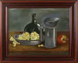J. van Oosten, Stilleven met tin en fruit, Olieverf op paneel