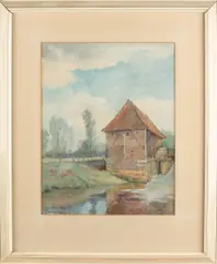 P.A. Nijgh, Twentse watermolen, Aquarel op papier