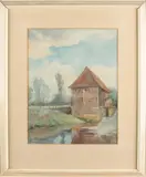 P.A. Nijgh, Twentse watermolen, Aquarel op papier