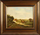 Anton Reuvers, Landschap met hooiwagen, Olieverf op paneel