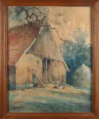 B.H. Bolink, Twentse boerderij met kippen, Aquarel op papier