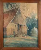 B.H. Bolink, Twentse boerderij met kippen, Aquarel op papier