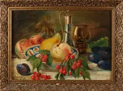 Stilleven met glas en fruit by D.J. Mooy, Olieverf op linnen, sold Oct 2018