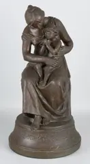 Terracotta beeld, Moeder met kind, Antiek Duits Jugendstil terracotta figuur