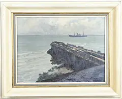 Pier met vrachtschip by Henk Dekker, Olieverf op linnen, sold Apr 2025