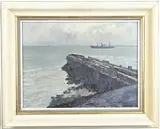 Henk Dekker, Pier met vrachtschip, Olieverf op linnen