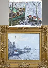 2x H.J. Wolter, Havengezicht + Platbodem aak, Olieverf op paneel