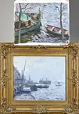 2x H.J. Wolter, Havengezicht + Platbodem aak, Olieverf op paneel