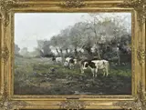 Willem George Frederik Jansen, Landschap met koeien en melkende boer, Olieverf op linnen