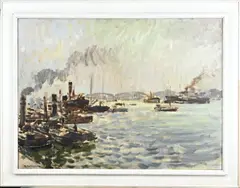 Daniël Muelhaus, Schepen bij Maasbrug, Olieverf op linnen