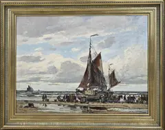 Wilhelm Hambüchen, Bomschuiten op strand met vissersvolk, Olieverf op linnen