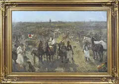 Berlin Ferdinand Schebek, Kamp op weiland met paardenhandelaren, Olieverf op linnen