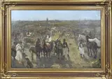 Berlin Ferdinand Schebek, Kamp op weiland met paardenhandelaren, Olieverf op linnen