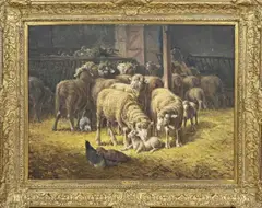 München Max Breu, Stal met schapen en kippen, Olieverf op linnen