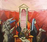 Allan Rzepka, Interieur met figuren en voorwerpen, Olieverf op linnen