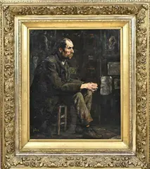 Jacques Zon, Man in interieur met schilderijen, Olieverf op linnen