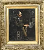 Jacques Zon, Man in interieur met schilderijen, Olieverf op linnen