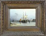 Nicolaas Riegen, Tweemaster in haven met figuren, Olieverf op paneel