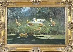 G. Joustra, Eendenfamilie aan de waterkant, Olieverf op linnen
