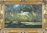 G. Joustra, Eendenfamilie aan de waterkant, Olieverf op linnen