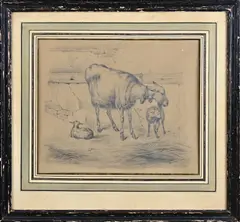 Eugène Verboeckhoven, Twee geiten in stal, Tekening op papier