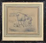 Eugène Verboeckhoven, Twee geiten in stal, Tekening op papier