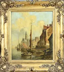 Onduid. gesign., Havengezicht met boten en figuren, Olieverf op paneel