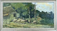 Andries Verleur, Schapen met herder bij schaapskooi, Olieverf op linnen