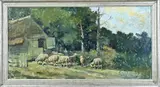Andries Verleur, Schapen met herder bij schaapskooi, Olieverf op linnen