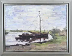 Cor Veenstra, Zeilboot op rivier, Olieverf op linnen