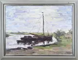 Cor Veenstra, Zeilboot op rivier, Olieverf op linnen