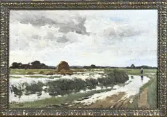 W.J. Schütz, Boerin langs beek, Olieverf op linnen