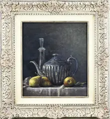 Ad de Roo, Stilleven met fruit en theekan, Olieverf op paneel