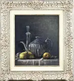 Ad de Roo, Stilleven met fruit en theekan, Olieverf op paneel